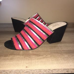 Botkier Posie Pink Orange Black Metallic Suede Leather heeled Mule Sandal Clog 7
